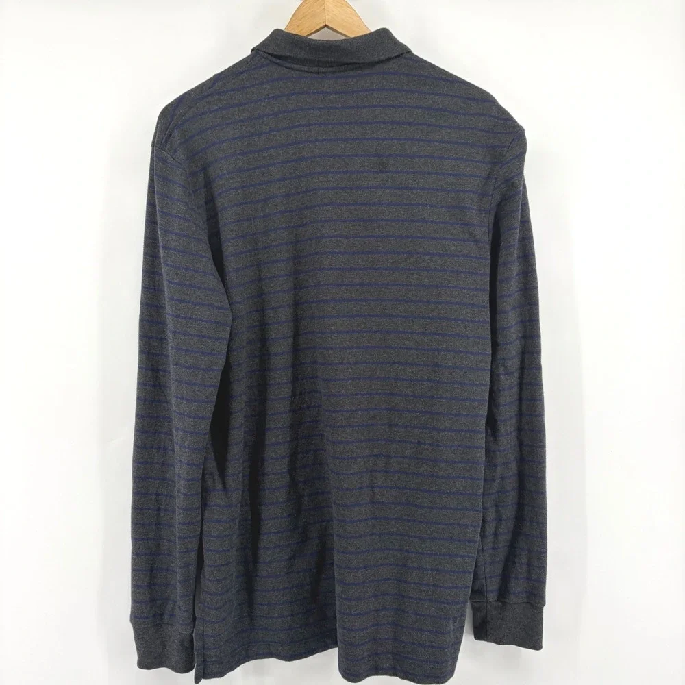 Polo Ralph Lauren Mens L‎ Rugby Long Sleeve Striped Polo Shirt Grey Blue Cotton